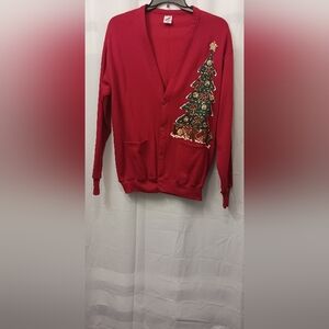 ***Vintage Jerzees Button Up Sweatshirt Cardigan with Christmas Tree Design OSFA